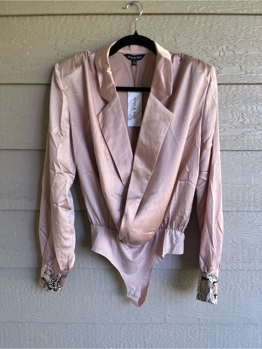 NWT Strut & Bolt Blush Satin Surplice Bodysuit Snake Print Cuffs M